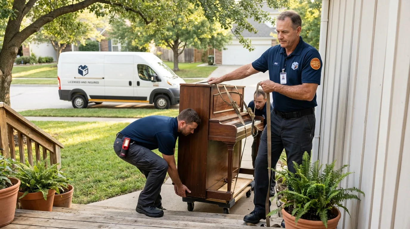 Licensed piano movers securing grand piano in Etowah, TN