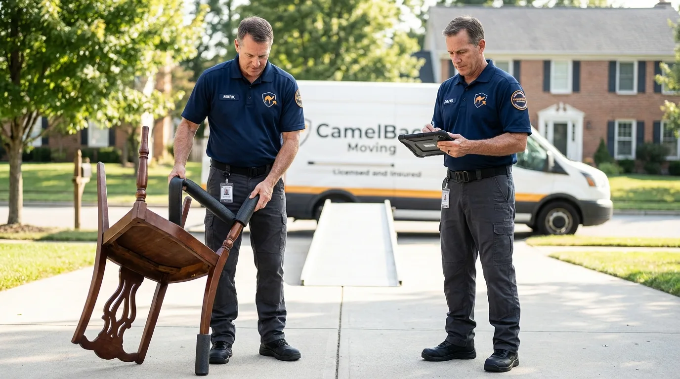 Movers inspecting furniture for damage prevention before loading in Etowah, TN