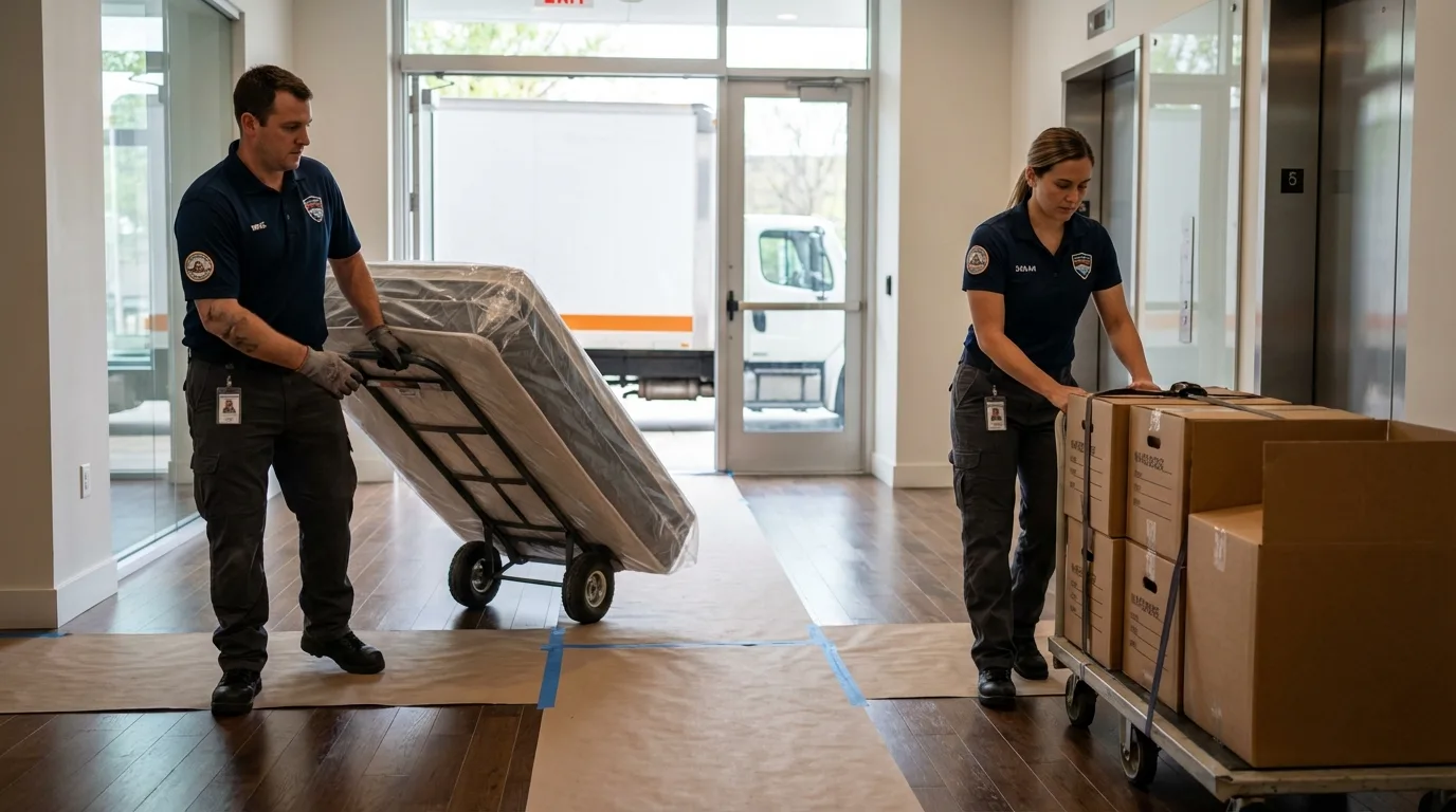 Professional apartment movers loading elevator in Etowah, TN